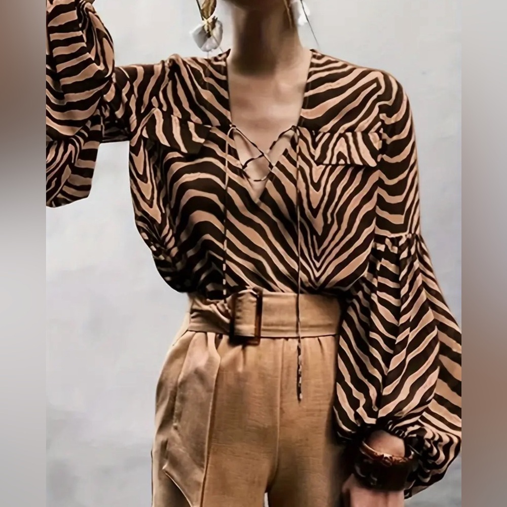 Passion of Essence Tan and Brown Zebra-Print V-Neck Blouse